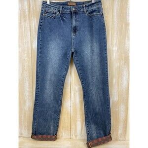 Judy Blue Jeans Straight Fit Buffalo Plaid Cuff Size 15/32 x 30 Med Wash Hi Rise